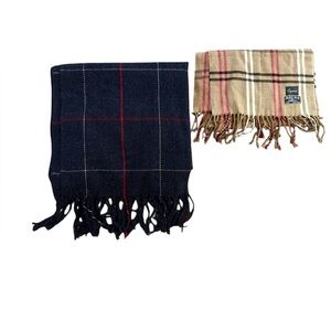 Bundle of 2 Pair of Plaid Fringe Scarves - Navy & Camel Winter Accessories Scarf